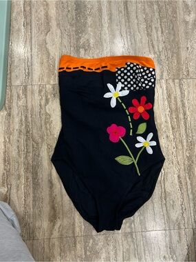 Gottex black One-Piece Swimsuit with Bright Floral Appliques and Orange Trim